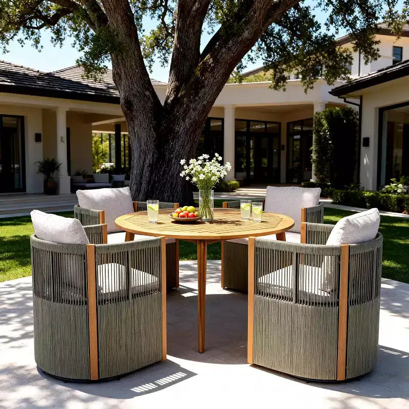 Christopher Knight Home Oliver Outdoor Patio 5-Piece Acacia Wood and Rope Swivel Dining Set with Cushions, Table and 4 Chairs