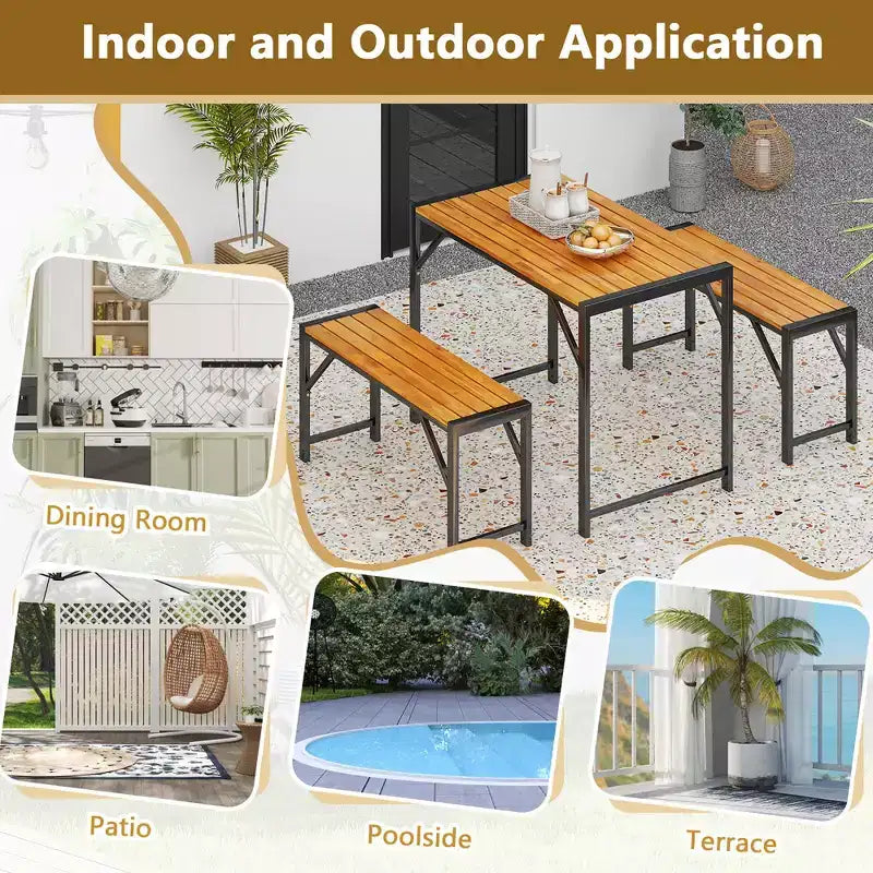 Costway 3 PCS Dining Set for 4 People Outdoor Picnic Table & 2 Benches w/ Metal Frame