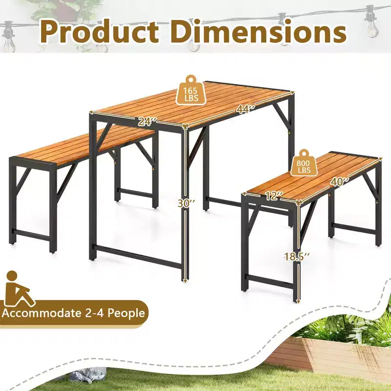 Costway 3 PCS Dining Set for 4 People Outdoor Picnic Table & 2 Benches w/ Metal Frame