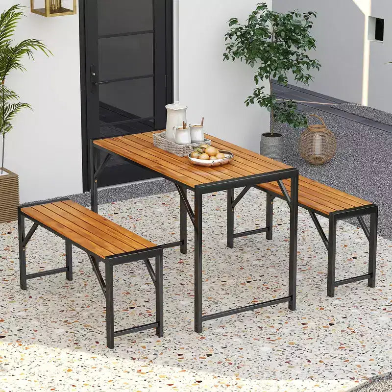 Costway 3 PCS Dining Set for 4 People Outdoor Picnic Table & 2 Benches w/ Metal Frame