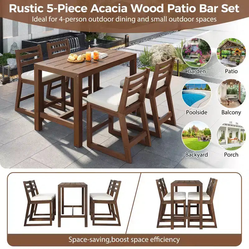 Whisen 5-Piece Rustic Patio Bar Set, Patio Table and Chairs Set with Ergonomic Chairs & Slatted Tabletop