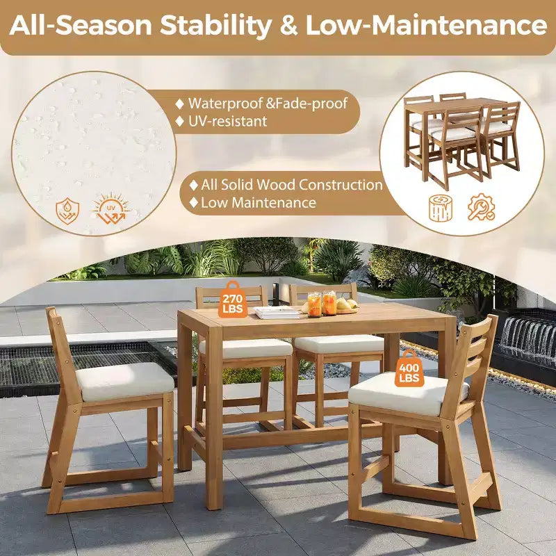 Whisen 5-Piece Rustic Patio Bar Set, Patio Table and Chairs Set with Ergonomic Chairs & Slatted Tabletop