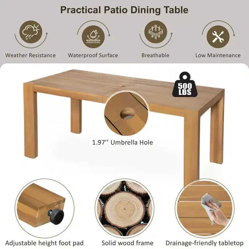 Whisen Patio Dining Table Set for 6, Outdoor Furniture Sets with Umbrella Hole, Table, Chairs and Bench