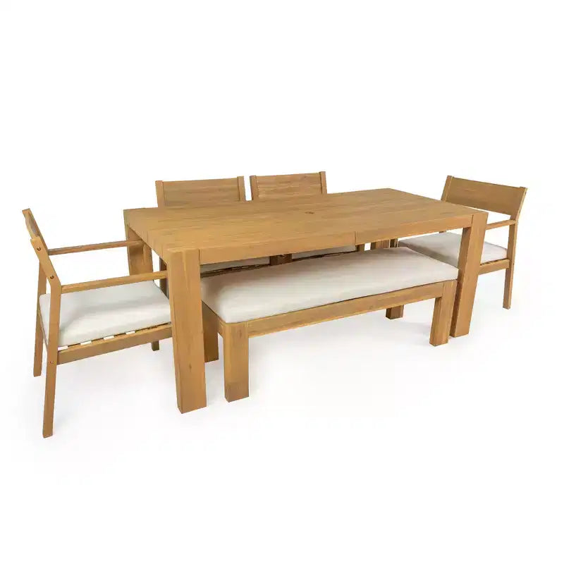 Whisen Patio Dining Table Set for 6, Outdoor Furniture Sets with Umbrella Hole, Table, Chairs and Bench