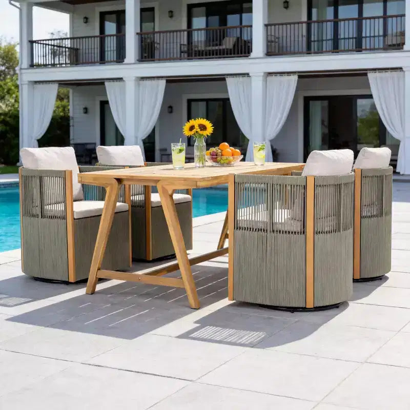 Christopher Knight Home Carter Patio Modern Acacia Wood 5-Piece Outdoor Dining Set with Rectangular Table and 4 Rope Swivel Chairs