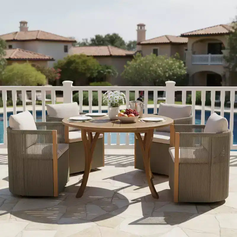 Christopher Knight Home Everett Patio Modern Acacia Wood 5-Piece Outdoor Dining Set with Round Table and 4 Rope Swivel Chairs