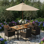 Gymax 7PCS Outdoor Patio Dining Set w/ Armrest Cushioned Chairs Acacia Wood Surface Umbrella Hole for Garden Backyard Poolside