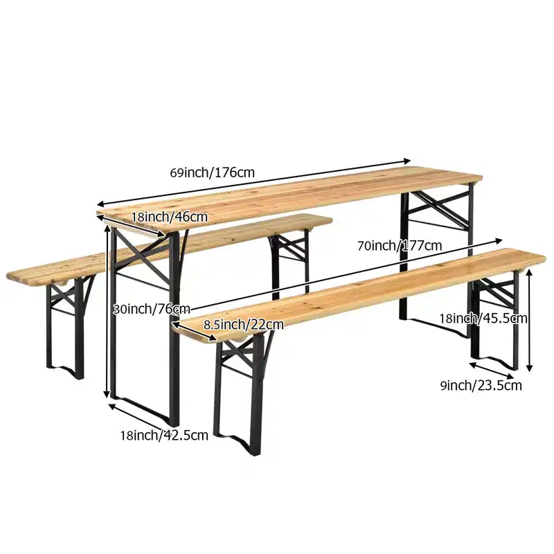 Gymax 3 PCS Wooden Folding Picnic Table and Bench Combo 70 Outdoor Beer Table w/ Seat for Garden Backyard Balcony