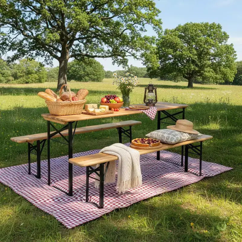 Gymax 3 PCS Wooden Folding Picnic Table and Bench Combo 70 Outdoor Beer Table w/ Seat for Garden Backyard Balcony