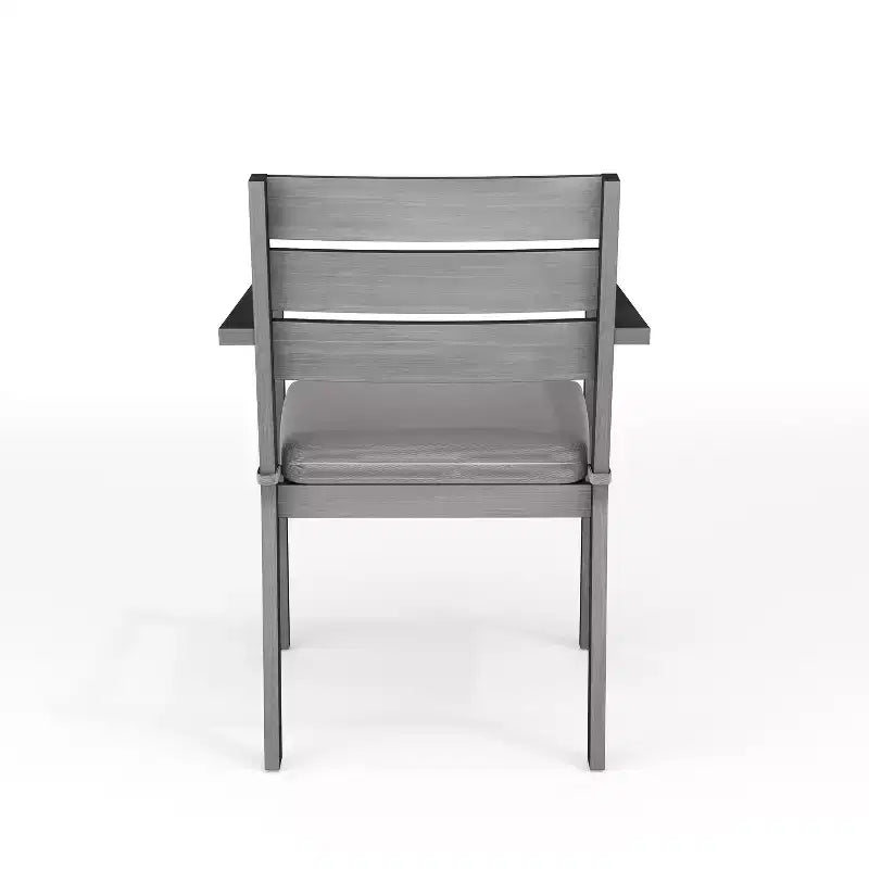 Martha Stewart Bedford 5 Piece Aluminum Patio Set, 4 Stackable Dining Armchairs with Cushions, 36 Round Trestle Base Table, Brushed Woodgrain Finish