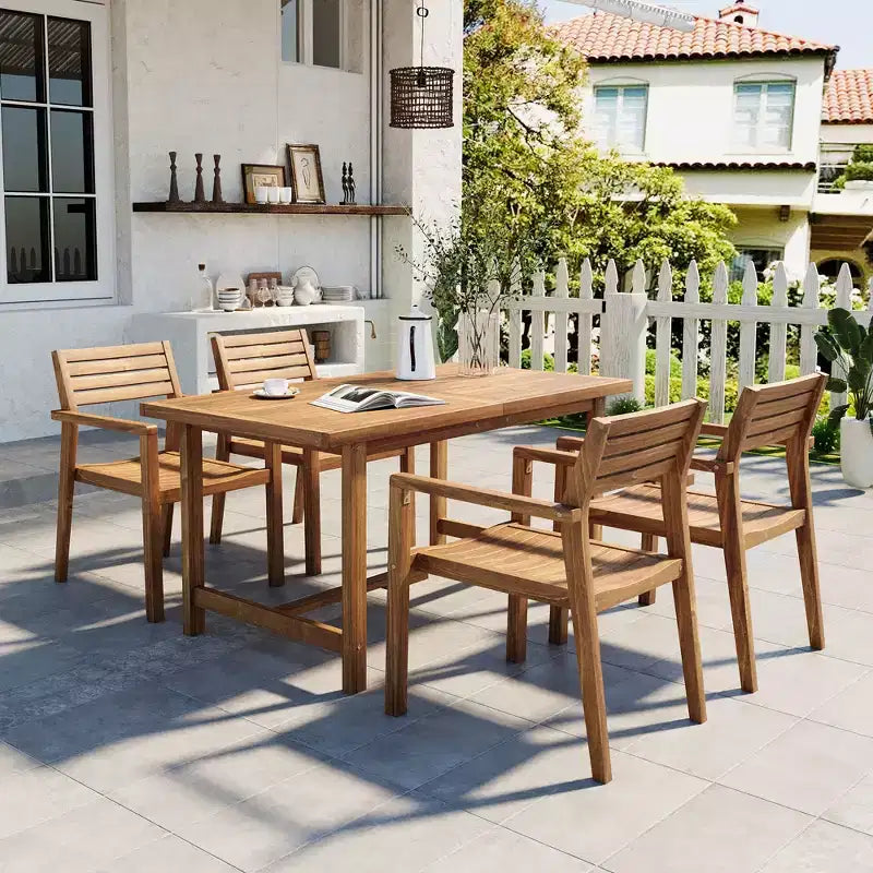 GDFStudio Lena 5 Piece Acacia Wood Outdoor Dining Set with 59 Rectangular Table and Umbrella Hole