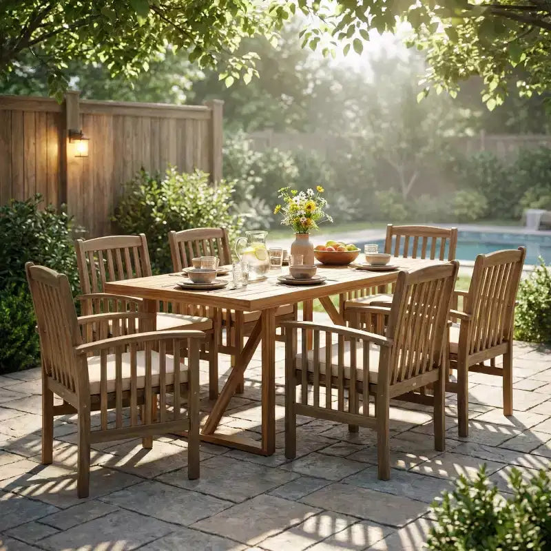7-Piece Acacia Wood Outdoor Dining Set, Modern Rectangular Table with 6 Cushioned Chairs for Patio, Backyard, Deck, and Poolside-Panipeachy