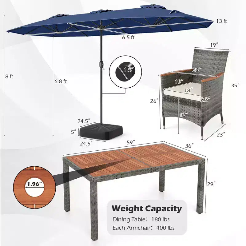 Ensemble de salle à manger Gymax 8 pièces avec parasol de marché double face et plateau en bois d'acacia