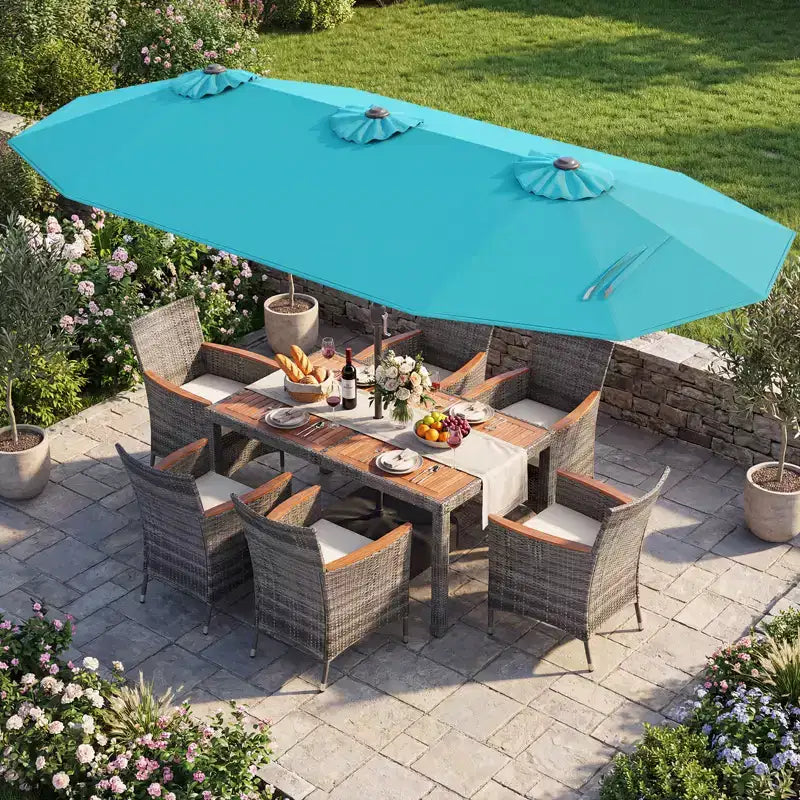 Ensemble de salle à manger Gymax 8 pièces avec parasol de marché double face et plateau en bois d'acacia