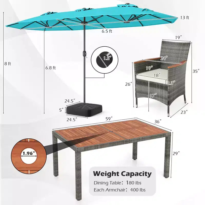 Ensemble de salle à manger Gymax 8 pièces avec parasol de marché double face et plateau en bois d'acacia