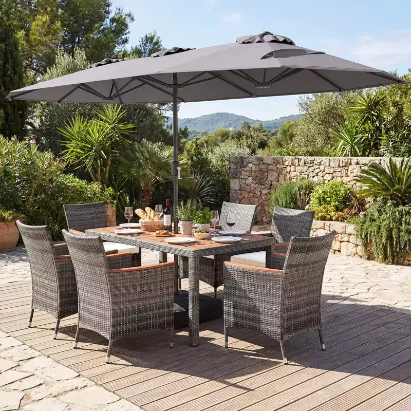 Ensemble de salle à manger Gymax 8 pièces avec parasol de marché double face et plateau en bois d'acacia