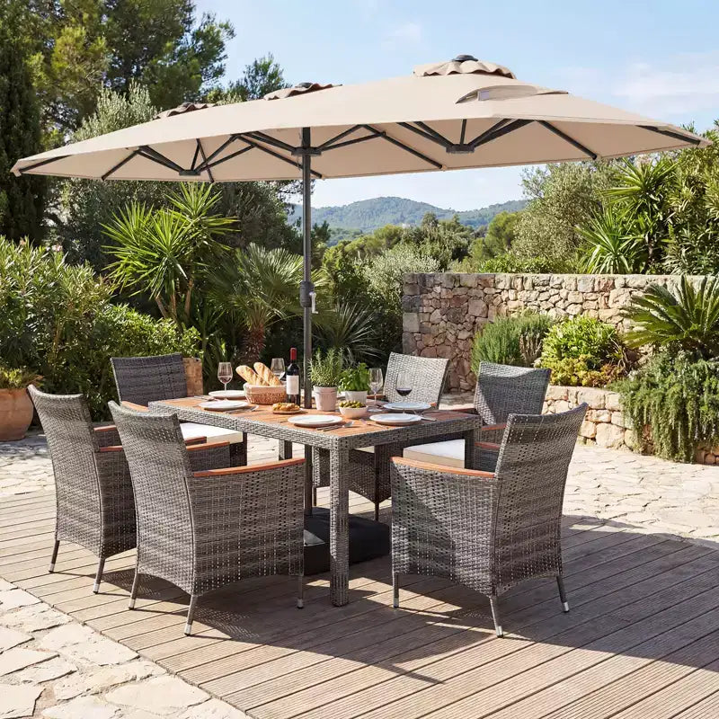 Ensemble de salle à manger Gymax 8 pièces avec parasol de marché double face et plateau en bois d'acacia