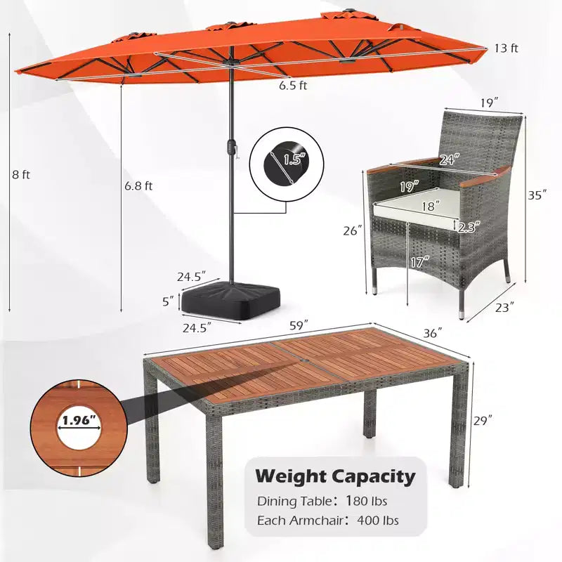 Ensemble de salle à manger Gymax 8 pièces avec parasol de marché double face et plateau en bois d'acacia