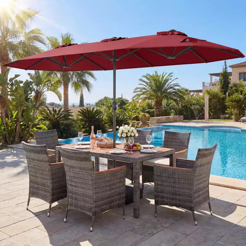 Ensemble de salle à manger Gymax 8 pièces avec parasol de marché double face et plateau en bois d'acacia