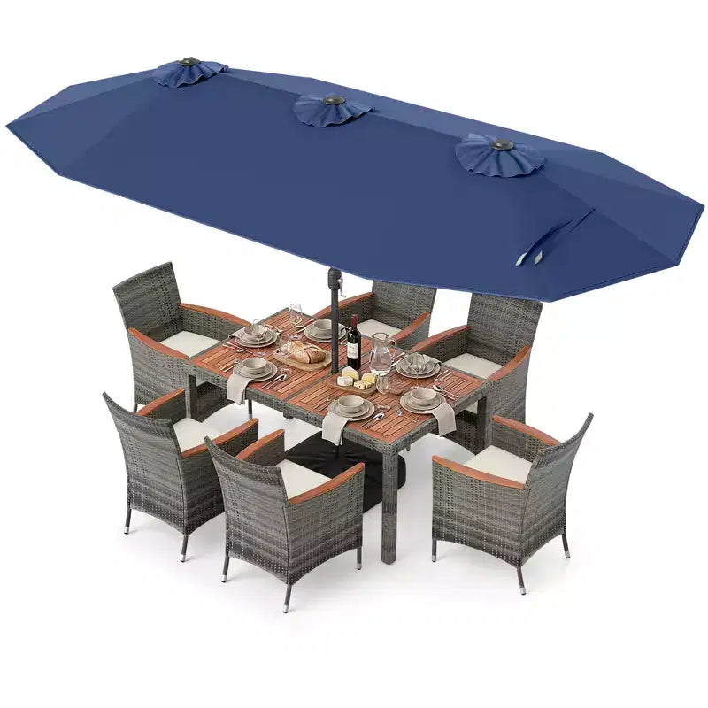 Gymax 8-Piece Patio Dining Set w/ Double-Sided Market Umbrella Acacia Wood Top