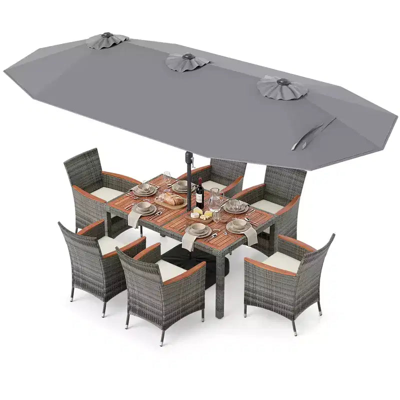 Gymax 8-Piece Patio Dining Set w/ Double-Sided Market Umbrella Acacia Wood Top