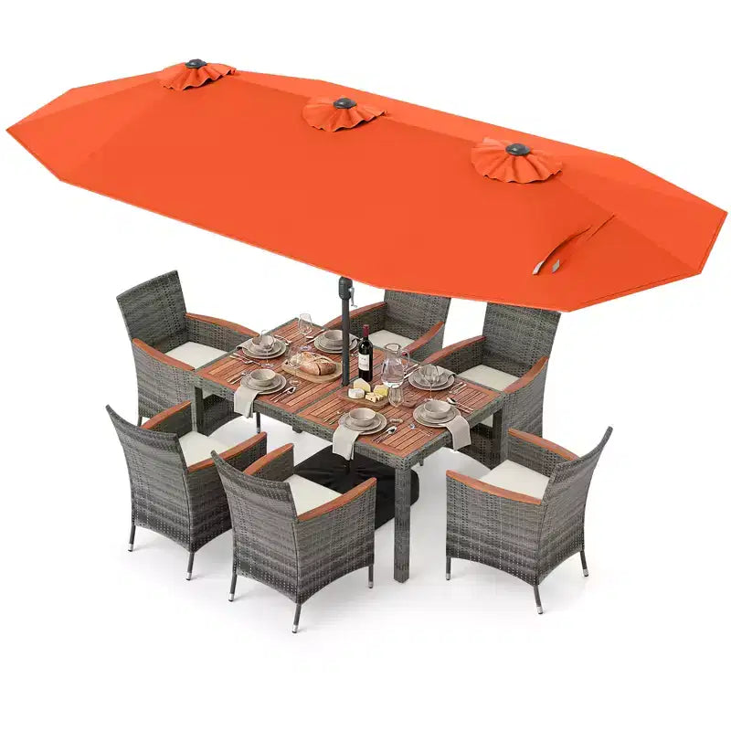 Gymax 8-Piece Patio Dining Set w/ Double-Sided Market Umbrella Acacia Wood Top