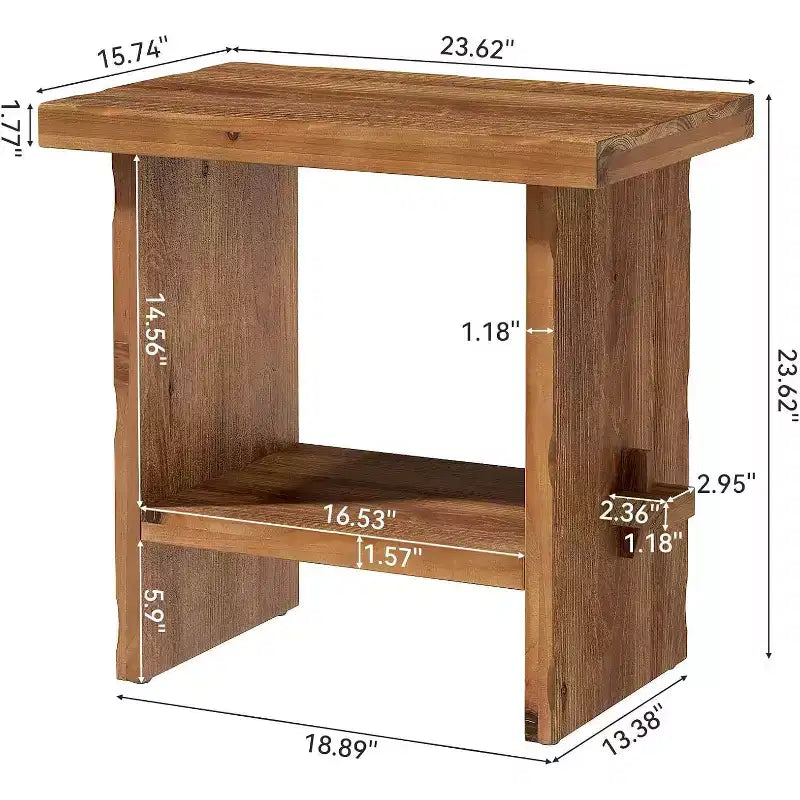 Comodino in Legno Massello con Vano Contenitore, Tavolino da Comodino Rettangolare Stile Rustico con Base in Legno per Arredamento Camera da Letto, Marrone