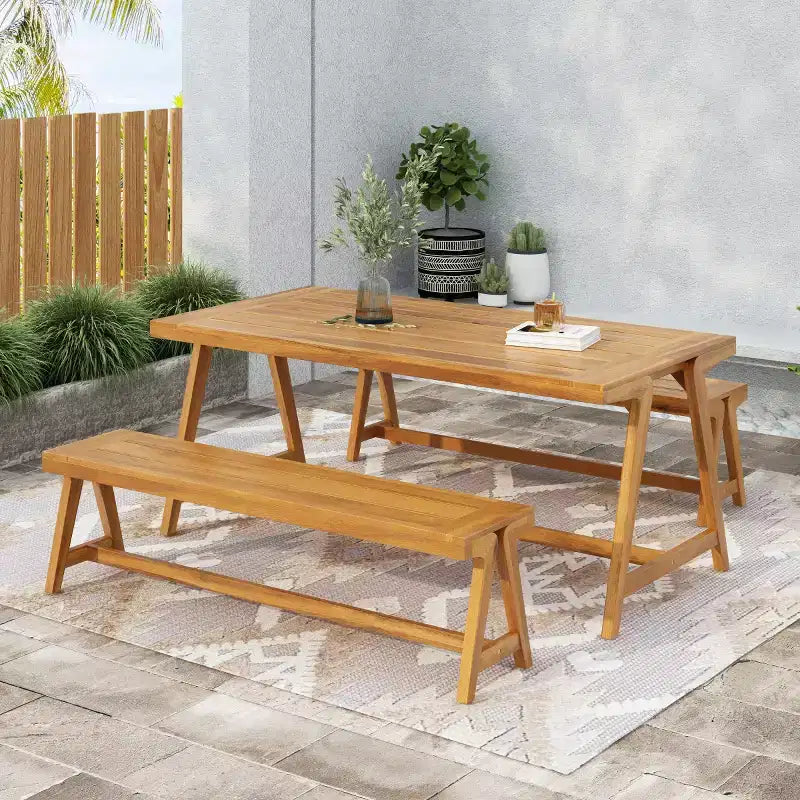 Outdoor 3-Piece Acacia Wood Picnic Table Set, Rectangular Table with 2 Benches, Compact Patio Dining Set for Balcony, Deck, Camping-Panipeachy