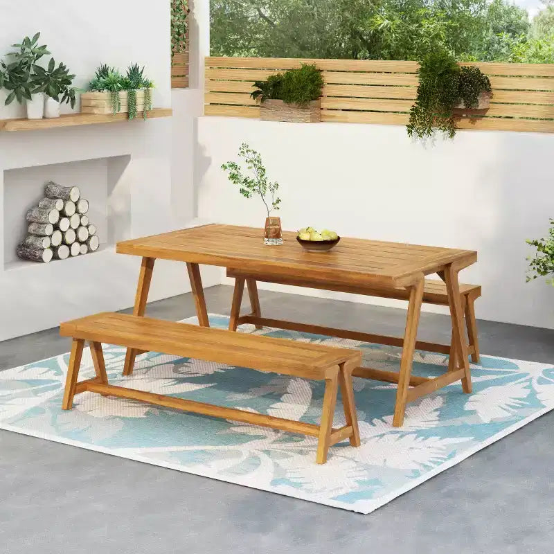 Outdoor 3-Piece Acacia Wood Picnic Table Set, Rectangular Table with 2 Benches, Compact Patio Dining Set for Balcony, Deck, Camping-Panipeachy