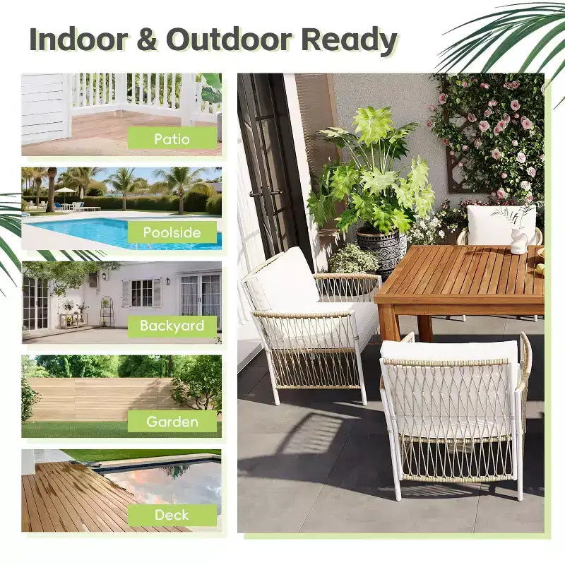 Ensemble de salle à manger d'extérieur 5/7 pièces, salon de jardin avec 4/6 fauteuils en rotin et table en bois d'acacia résistant aux intempéries, Naturel - ModernLuxe
