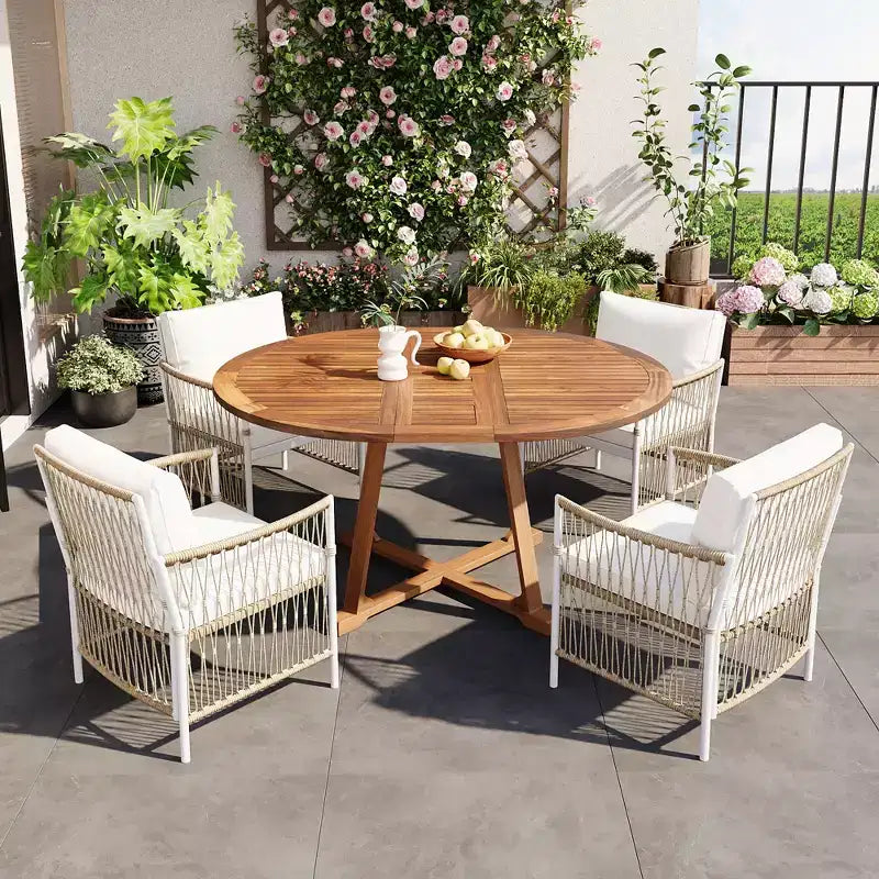5/7PCS Outdoor Dining Set Patio Dining Furniture Set with 4/6 Rattan Arm Chairs & Weather-Resistant Acacia Wood Table, Natural - ModernLuxe
