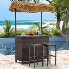 EROMMY Outdoor Tiki Bar Set, Wicker Patio Bar w/2 Stools, Storage Shelf for Backyard Poolside Garden