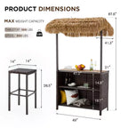 EROMMY Outdoor Tiki Bar Set, Wicker Patio Bar w/2 Stools, Storage Shelf for Backyard Poolside Garden
