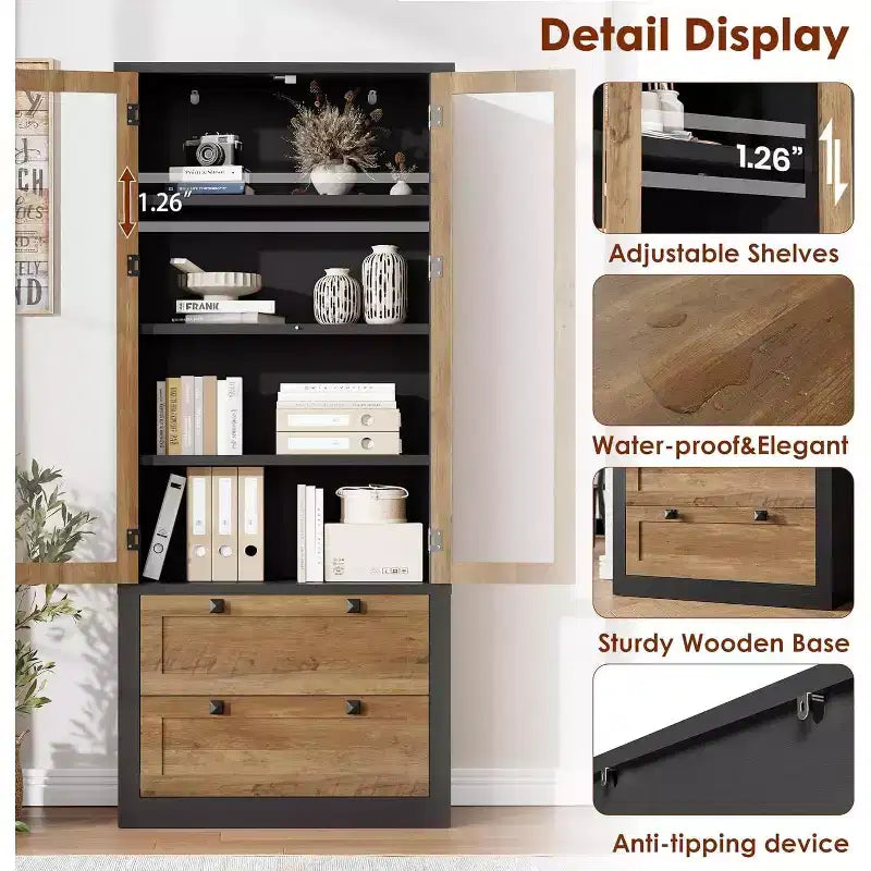 Dispensa da Cucina 72", Dispensa Moderna Stile Rustico con 2 Cassetti Grandi e Ripiani Regolabili, Armadio Autoportante per Sala da Pranzo