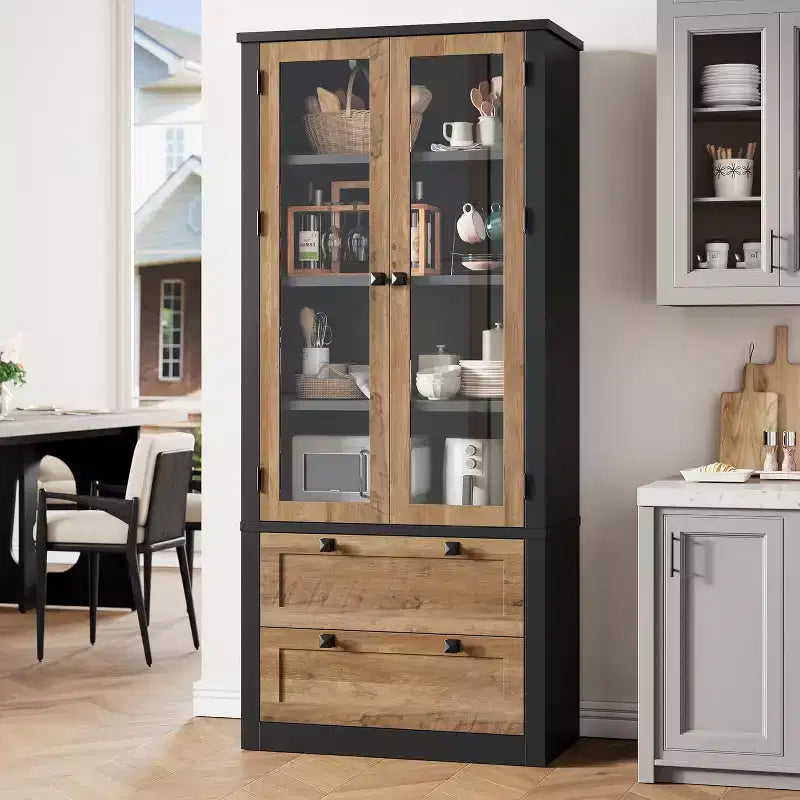 Dispensa da Cucina 72", Dispensa Moderna Stile Rustico con 2 Cassetti Grandi e Ripiani Regolabili, Armadio Autoportante per Sala da Pranzo