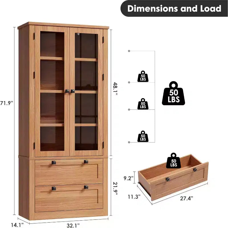 Dispensa da Cucina 72", Dispensa Moderna Stile Rustico con 2 Cassetti Grandi e Ripiani Regolabili, Armadio Autoportante per Sala da Pranzo