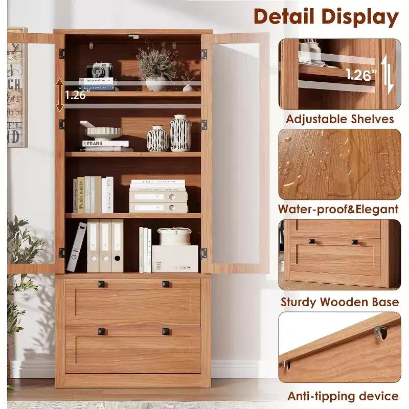 Dispensa da Cucina 72", Dispensa Moderna Stile Rustico con 2 Cassetti Grandi e Ripiani Regolabili, Armadio Autoportante per Sala da Pranzo