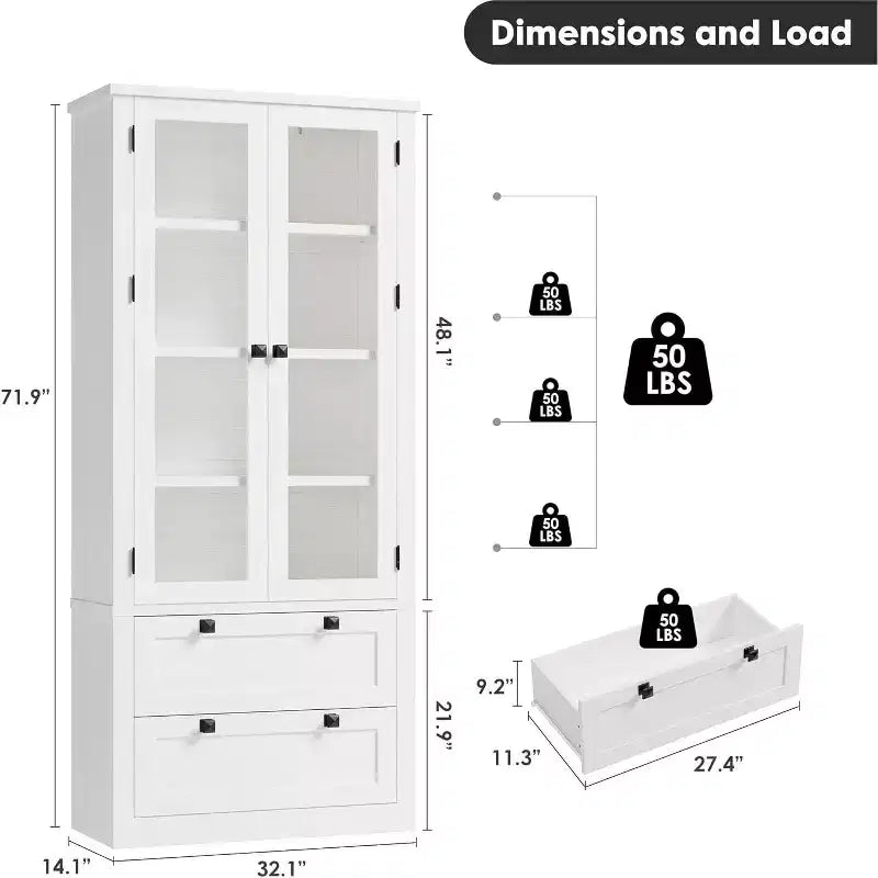 Dispensa da Cucina 72", Dispensa Moderna Stile Rustico con 2 Cassetti Grandi e Ripiani Regolabili, Armadio Autoportante per Sala da Pranzo