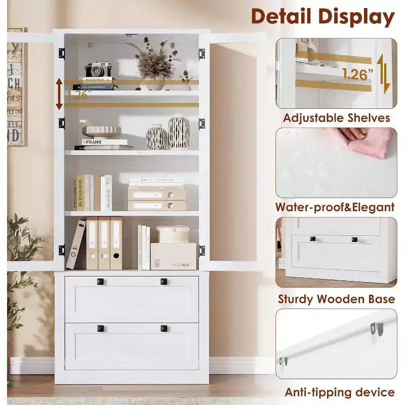 Dispensa da Cucina 72", Dispensa Moderna Stile Rustico con 2 Cassetti Grandi e Ripiani Regolabili, Armadio Autoportante per Sala da Pranzo