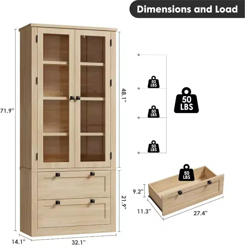 Dispensa da Cucina 72", Dispensa Moderna Stile Rustico con 2 Cassetti Grandi e Ripiani Regolabili, Armadio Autoportante per Sala da Pranzo