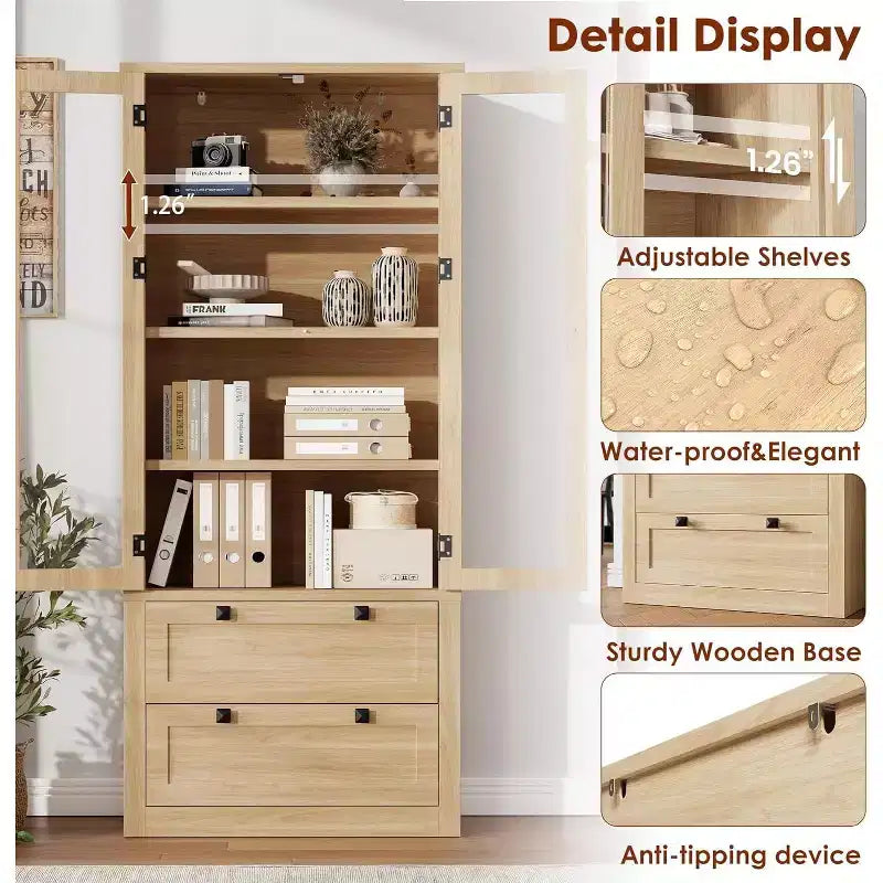 Dispensa da Cucina 72", Dispensa Moderna Stile Rustico con 2 Cassetti Grandi e Ripiani Regolabili, Armadio Autoportante per Sala da Pranzo