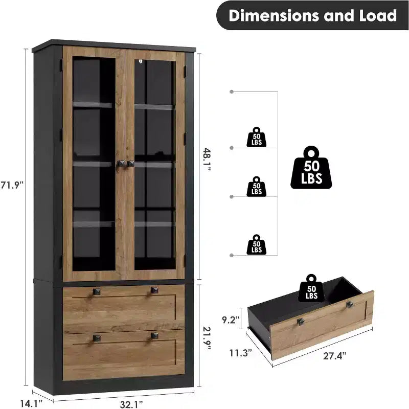 Dispensa da Cucina 72", Dispensa Moderna Stile Rustico con 2 Cassetti Grandi e Ripiani Regolabili, Armadio Autoportante per Sala da Pranzo