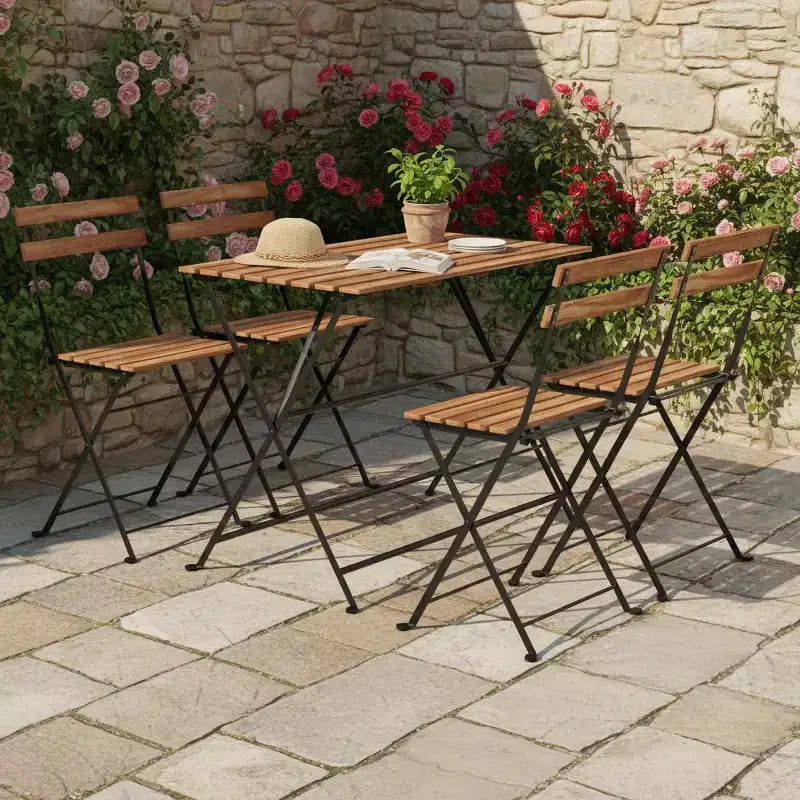 Gymax 5-Piece Patio Dining Set Acacia Wood w/ Foldable Chairs Featuring Slatted Seats & Tabletop Sturdy Metal Frames for Outdoor and Indoor