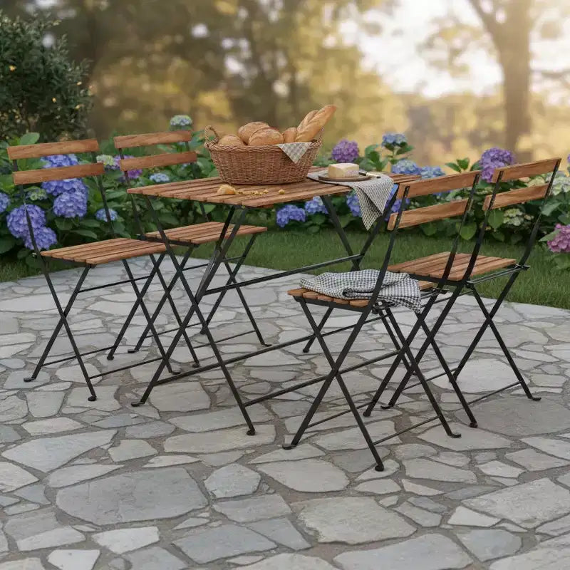 Gymax 5-Piece Patio Dining Set Acacia Wood w/ Foldable Chairs Featuring Slatted Seats & Tabletop Sturdy Metal Frames for Outdoor and Indoor