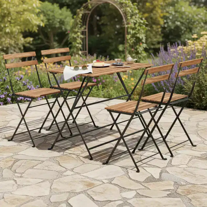 Gymax 5-Piece Patio Dining Set Acacia Wood w/ Foldable Chairs Featuring Slatted Seats & Tabletop Sturdy Metal Frames for Outdoor and Indoor