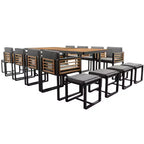 GDFStudio Ernest Patio Modern Acacia Wood 18-Piece Dining Set with 2 Tables, 8 Cushioned Chairs and 8 Ottomans