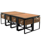 GDFStudio Ernest Patio Modern Acacia Wood 18-Piece Dining Set with 2 Tables, 8 Cushioned Chairs and 8 Ottomans