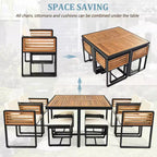 GDFStudio Ernest Patio Modern Acacia Wood 18-Piece Dining Set with 2 Tables, 8 Cushioned Chairs and 8 Ottomans