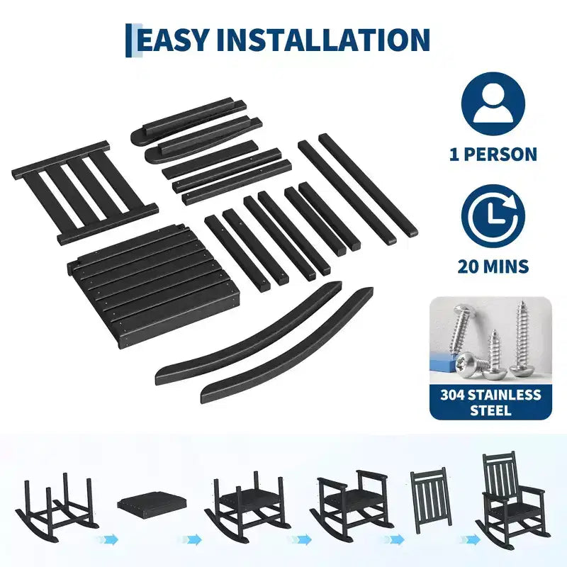 HDPE Rocking Chair Outdoor Set of 2 with Side Table - Poly High Back Porch Rocker Chairs for Adults - All Weather Resistant Furniture for Patio