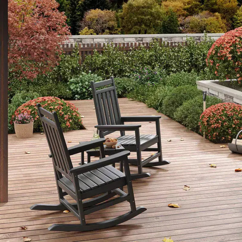 HDPE Rocking Chair Outdoor Set of 2 with Side Table - Poly High Back Porch Rocker Chairs for Adults - All Weather Resistant Furniture for Patio